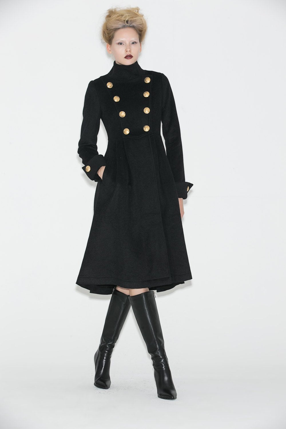 Black vintage inspired wool military coat C664