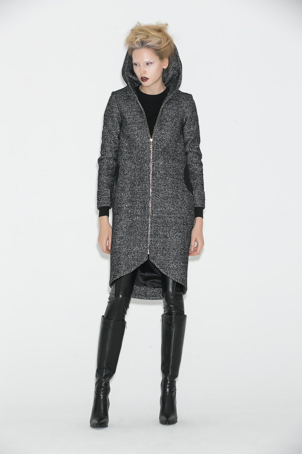Hooded Winter Coat, Gray Mid Length Womens Jacket, Zipper Closure and Tulip Shape Hemline Womens Outerwear, Winter Coat C672