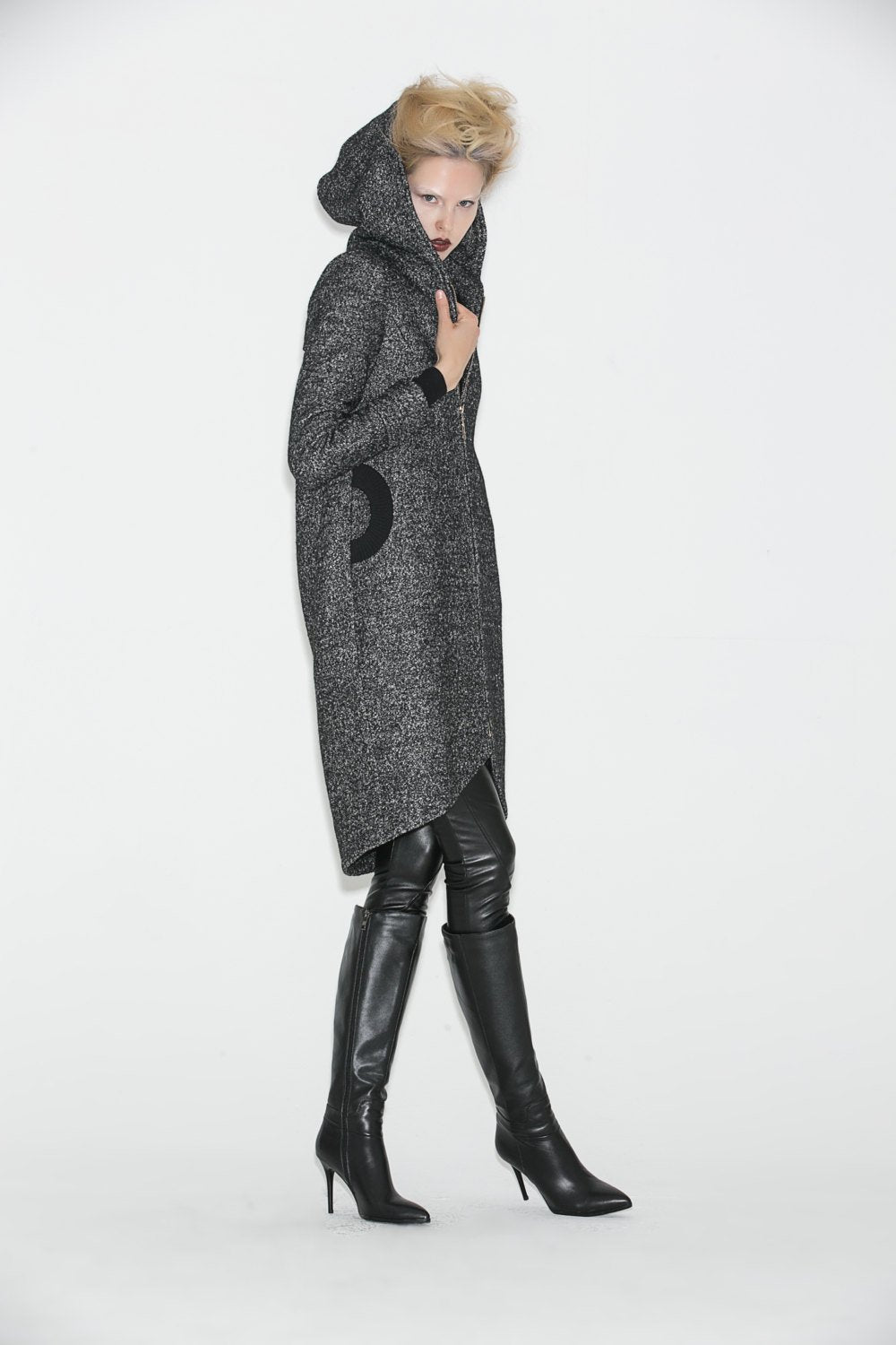 Hooded Winter Coat, Gray Mid Length Womens Jacket, Zipper Closure and Tulip Shape Hemline Womens Outerwear, Winter Coat C672