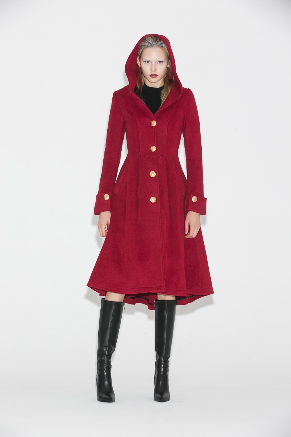 Red Wool Coat , Hooded wool Coat, wool coat, womens coats, Asymmetrical Hem Coat, red hooded coat, long red coat, Military Coat C680