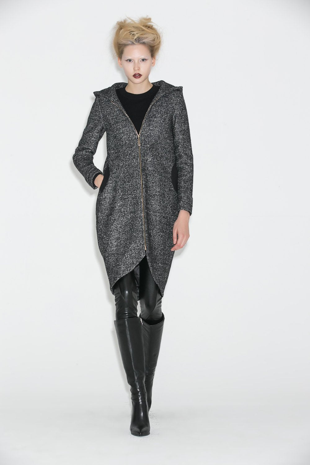 Hooded Winter Coat, Gray Mid Length Womens Jacket, Zipper Closure and Tulip Shape Hemline Womens Outerwear, Winter Coat C672