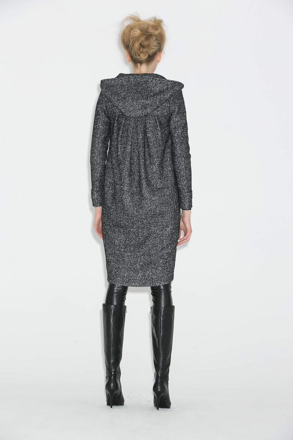 Hooded Winter Coat, Gray Mid Length Womens Jacket, Zipper Closure and Tulip Shape Hemline Womens Outerwear, Winter Coat C672