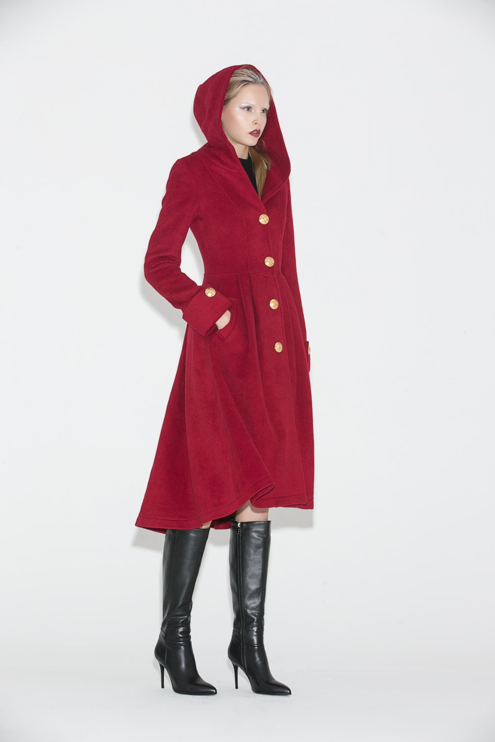 Red Wool Coat , Hooded wool Coat, wool coat, womens coats, Asymmetrical Hem Coat, red hooded coat, long red coat, Military Coat C680