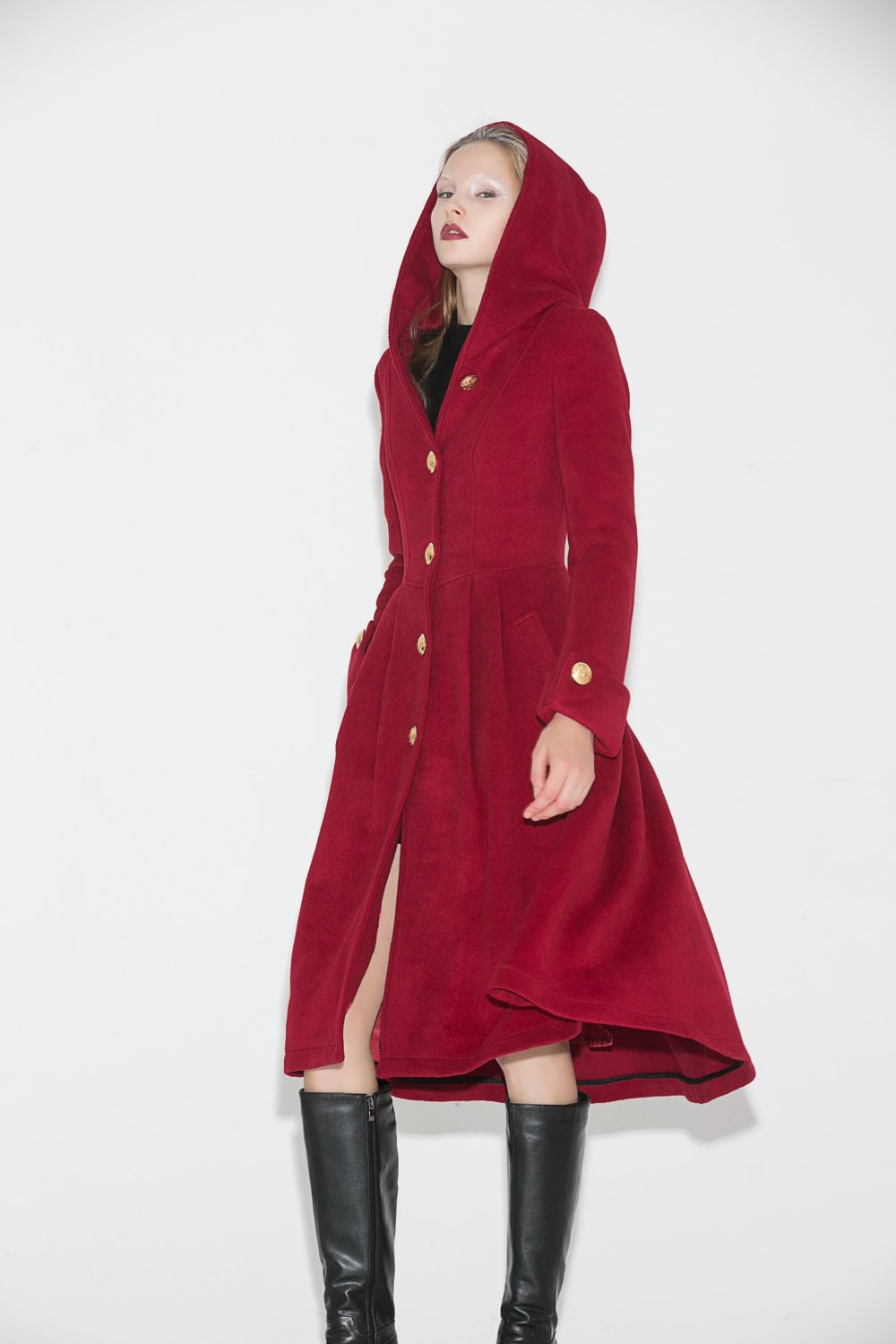 Red Wool Coat , Hooded wool Coat, wool coat, womens coats, Asymmetrical Hem Coat, red hooded coat, long red coat, Military Coat C680