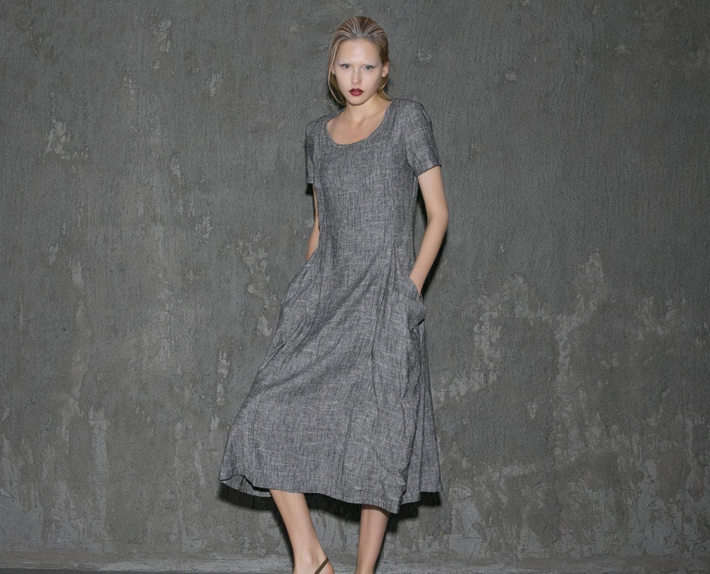 Gray Linen Dress - Long Short-Sleeved Casual Loose-Fitting Handmade Designer Dress with Pockets C647