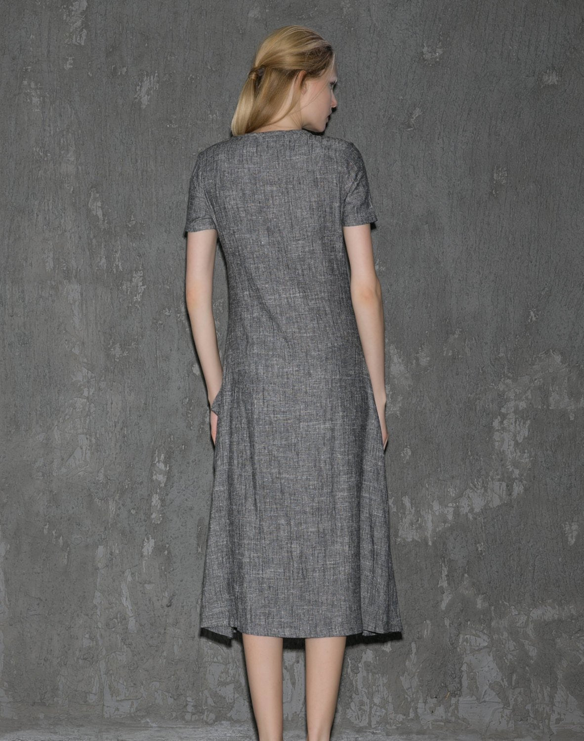 Gray Linen Dress - Long Short-Sleeved Casual Loose-Fitting Handmade Designer Dress with Pockets C647