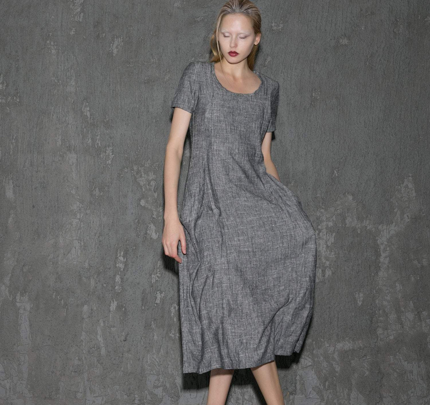 Gray Linen Dress - Long Short-Sleeved Casual Loose-Fitting Handmade Designer Dress with Pockets C647