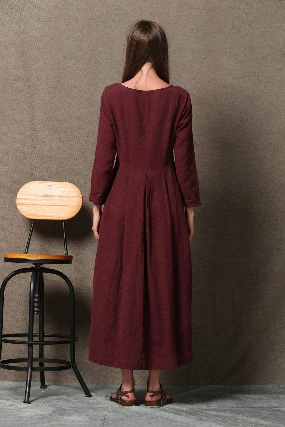 Burgundy Linen Dress - Semi-Fitted Long Maxi Plus Size dress C606