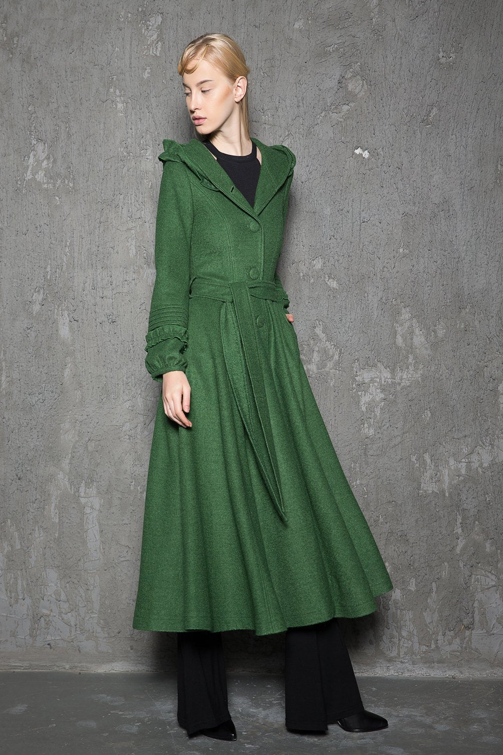 Maxi coat, wool coat, Green wool coat, emerald green coat, fit and flare coat, womens coats, hooded coat, ruffle coat, winter coat C785