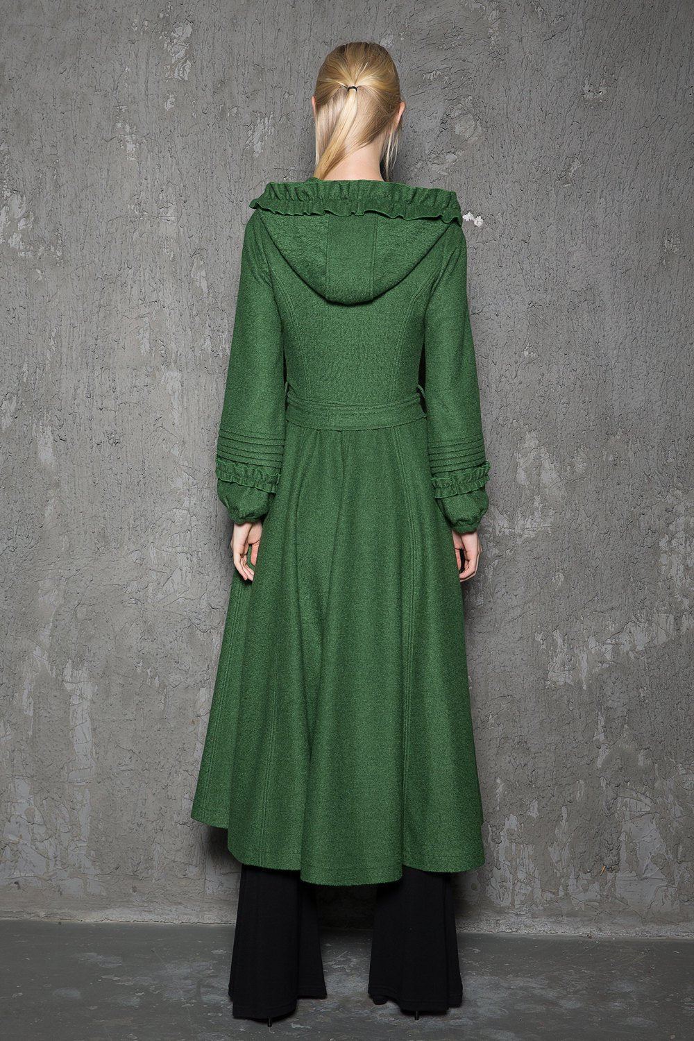 Maxi coat, wool coat, Green wool coat, emerald green coat, fit and flare coat, womens coats, hooded coat, ruffle coat, winter coat C785