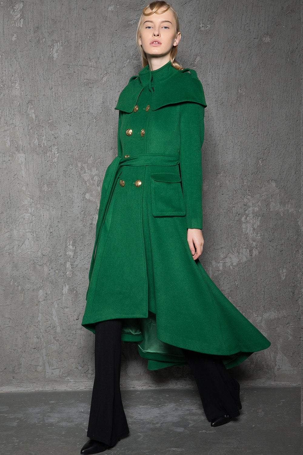 Green Long Coat, Emerald Capelet Coat, Designer Tailored Handmade Double-Breasted Asymmetrical Unique Woman's Coat, Winter Coat C714
