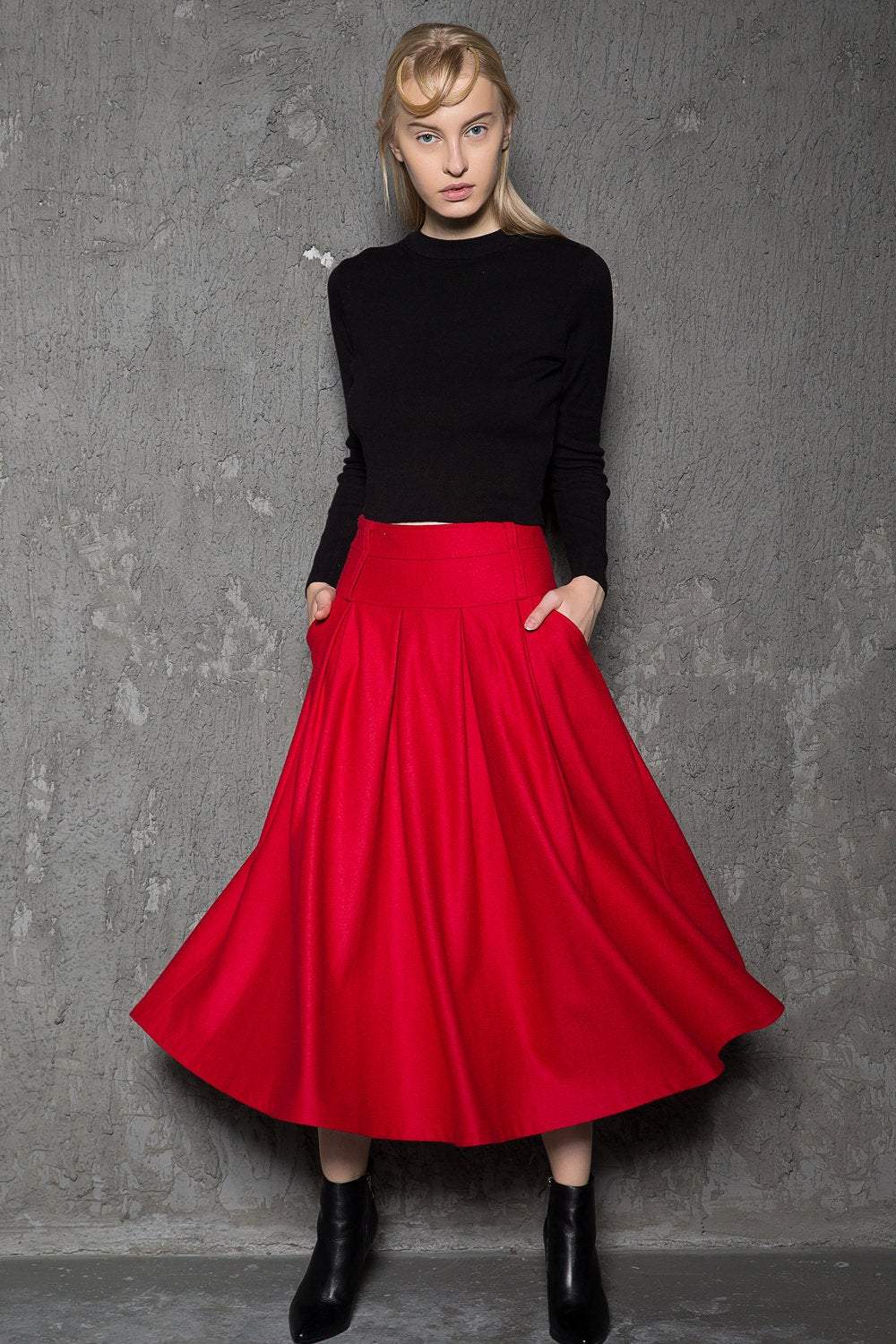 red wool skirt, winter wool skirt, 1950s skirt, wool skirts, winter skirt, midi skirt, vintage skirt with pockets C729