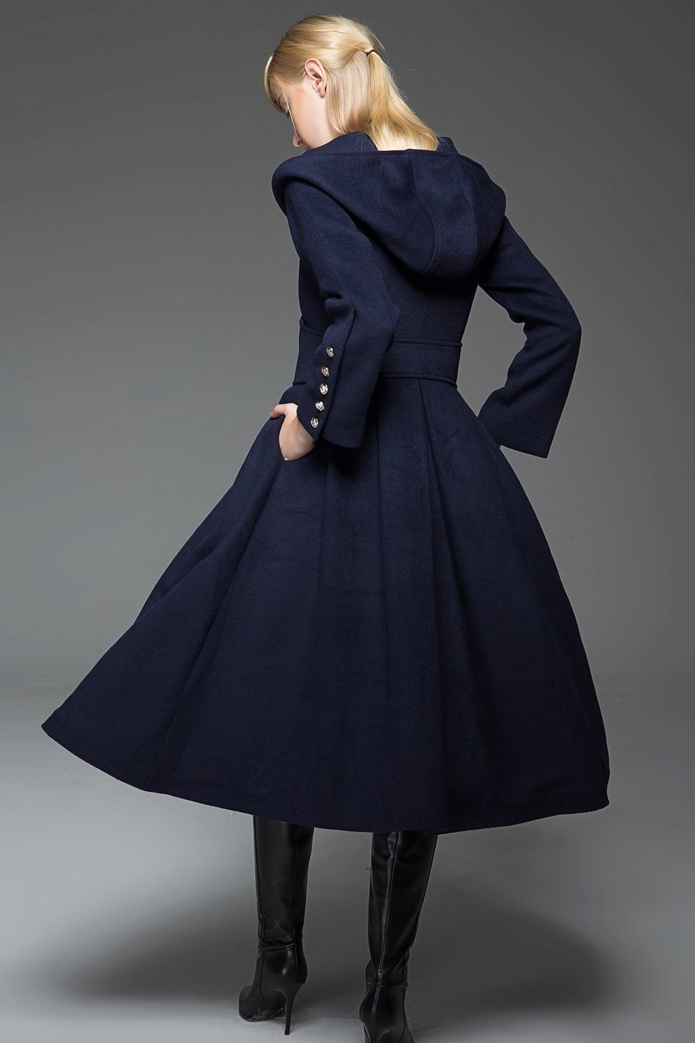 Navy Military Style Coat - Long Modern Dark Blue Hooded Winter Wool Designer Coat with Pockets and Button Detail C739
