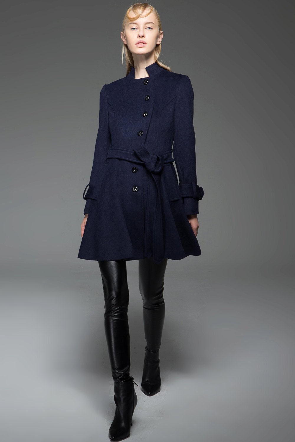 Women's Car Coat - Navy Blue Short Winter Jacket Fit & Flare Swing Coat with Self-Tie Belt and Asymmetric Button Closure C750