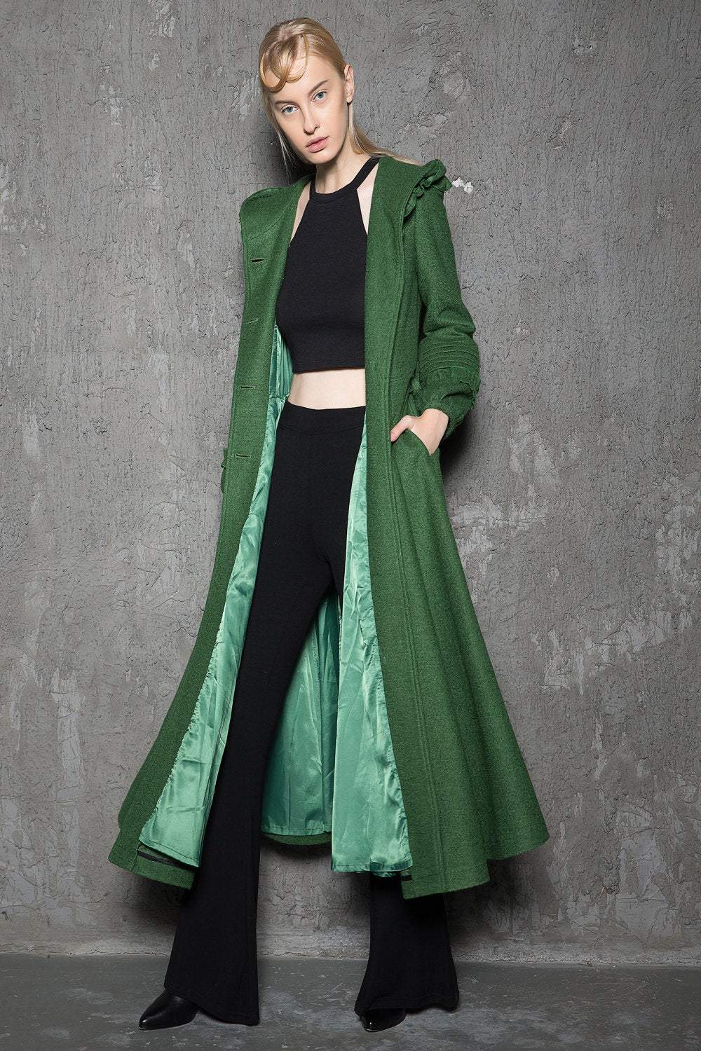 Maxi coat, wool coat, Green wool coat, emerald green coat, fit and flare coat, womens coats, hooded coat, ruffle coat, winter coat C785