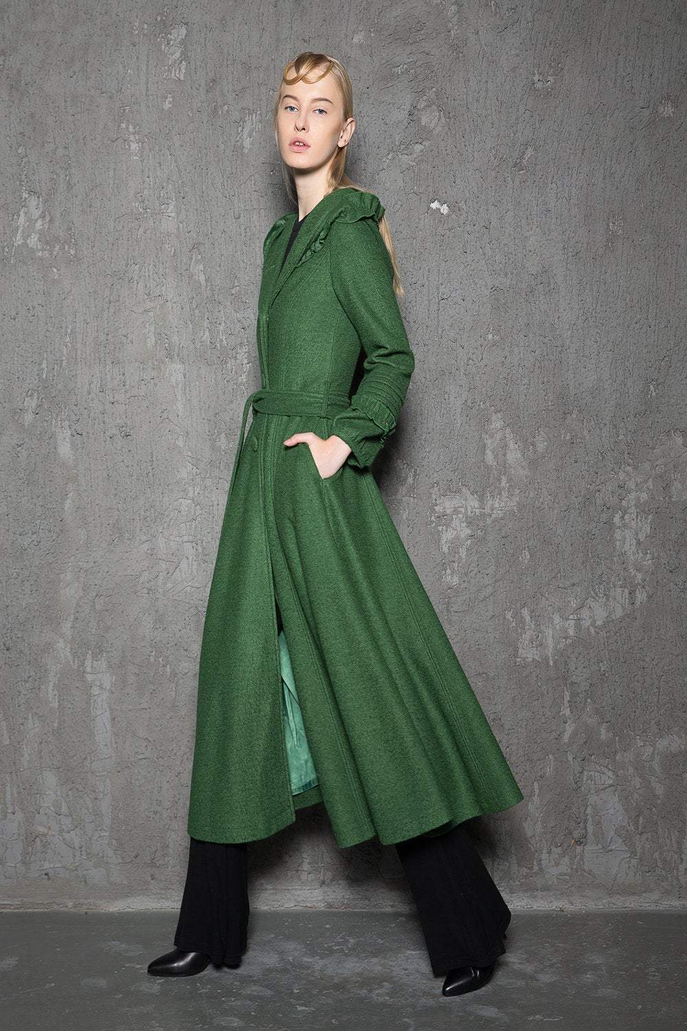 Maxi coat, wool coat, Green wool coat, emerald green coat, fit and flare coat, womens coats, hooded coat, ruffle coat, winter coat C785