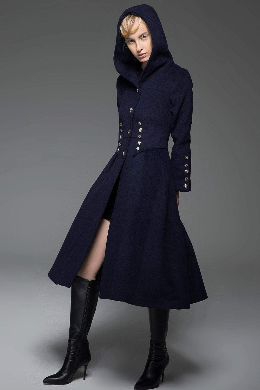 Navy Military Style Coat - Long Modern Dark Blue Hooded Winter Wool Designer Coat with Pockets and Button Detail C739