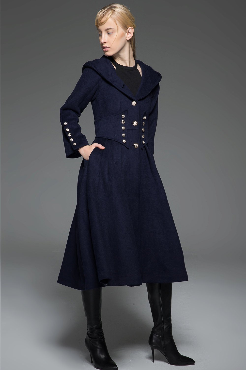 Navy Military Style Coat - Long Modern Dark Blue Hooded Winter Wool Designer Coat with Pockets and Button Detail C739