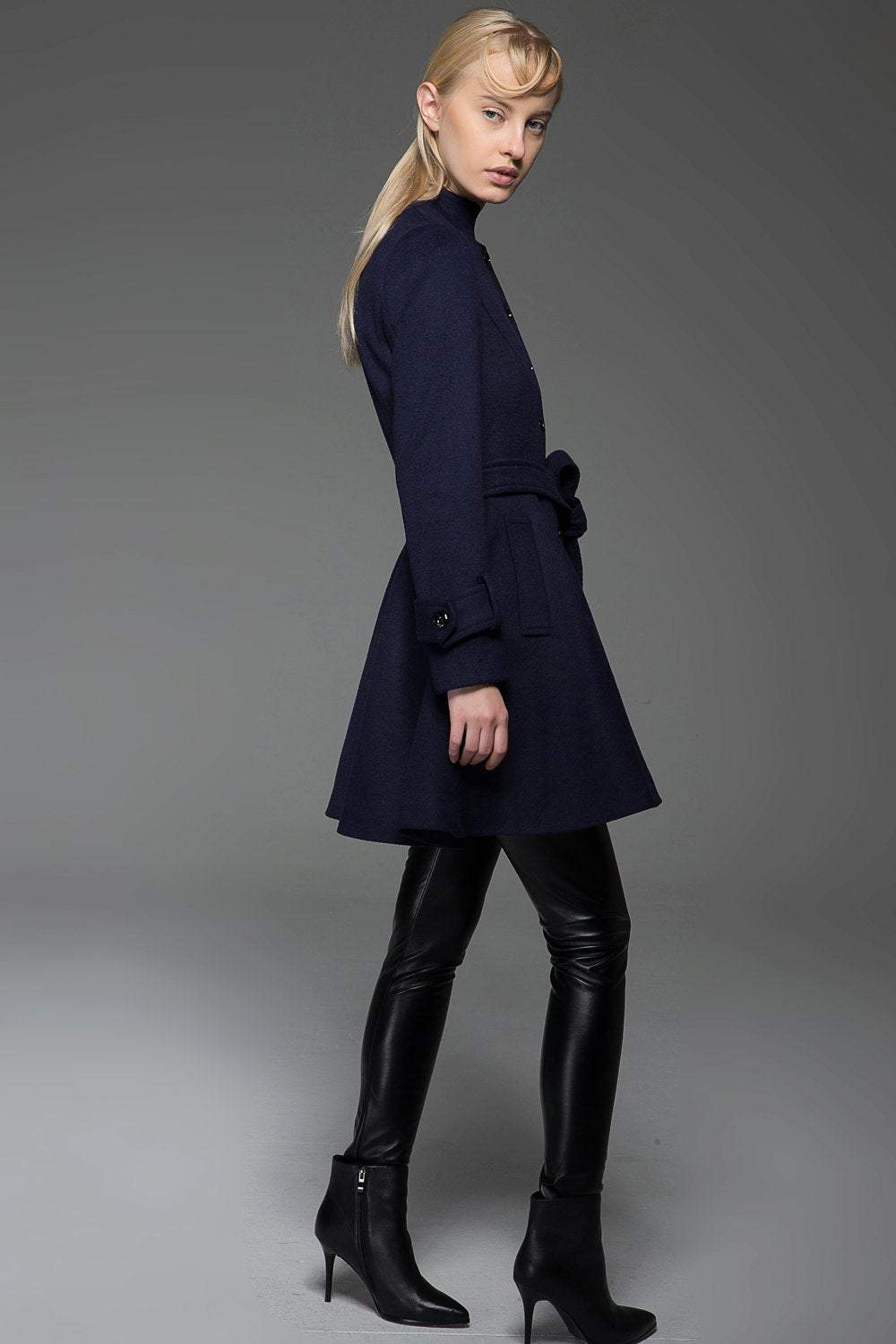 Women's Car Coat - Navy Blue Short Winter Jacket Fit & Flare Swing Coat with Self-Tie Belt and Asymmetric Button Closure C750