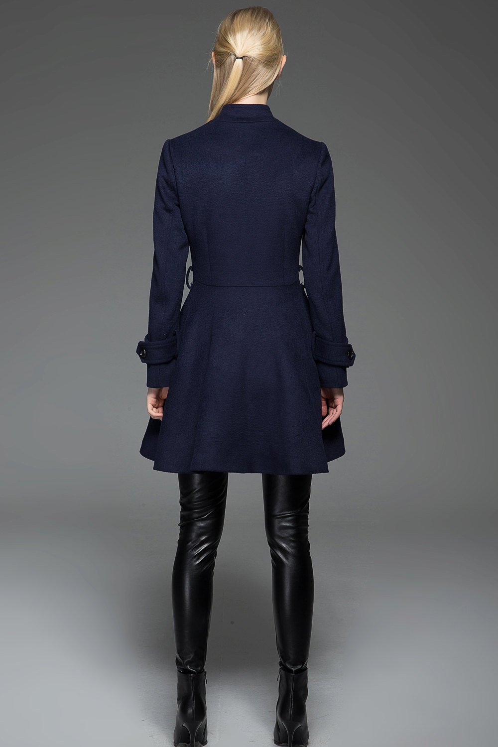 Women's Car Coat - Navy Blue Short Winter Jacket Fit & Flare Swing Coat with Self-Tie Belt and Asymmetric Button Closure C750