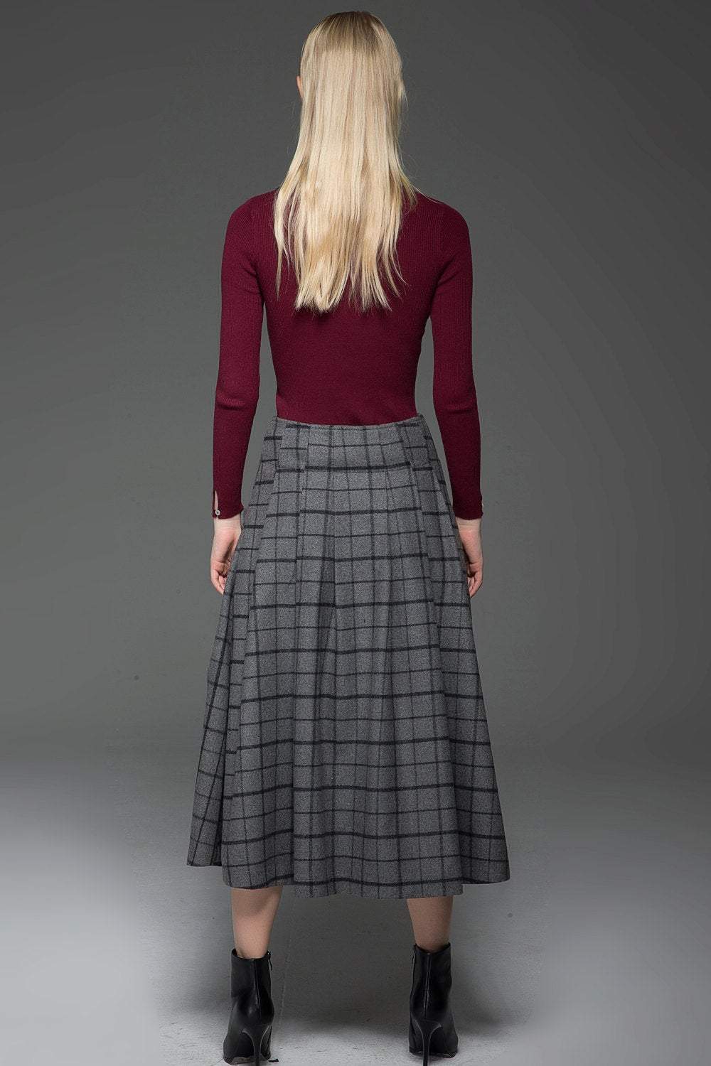 plaid skirt, Suspender skirt, wool plaid skirt, long skirt, buttons skirt, country style skirt, grey skirt, gray skirt, womens skirts C767