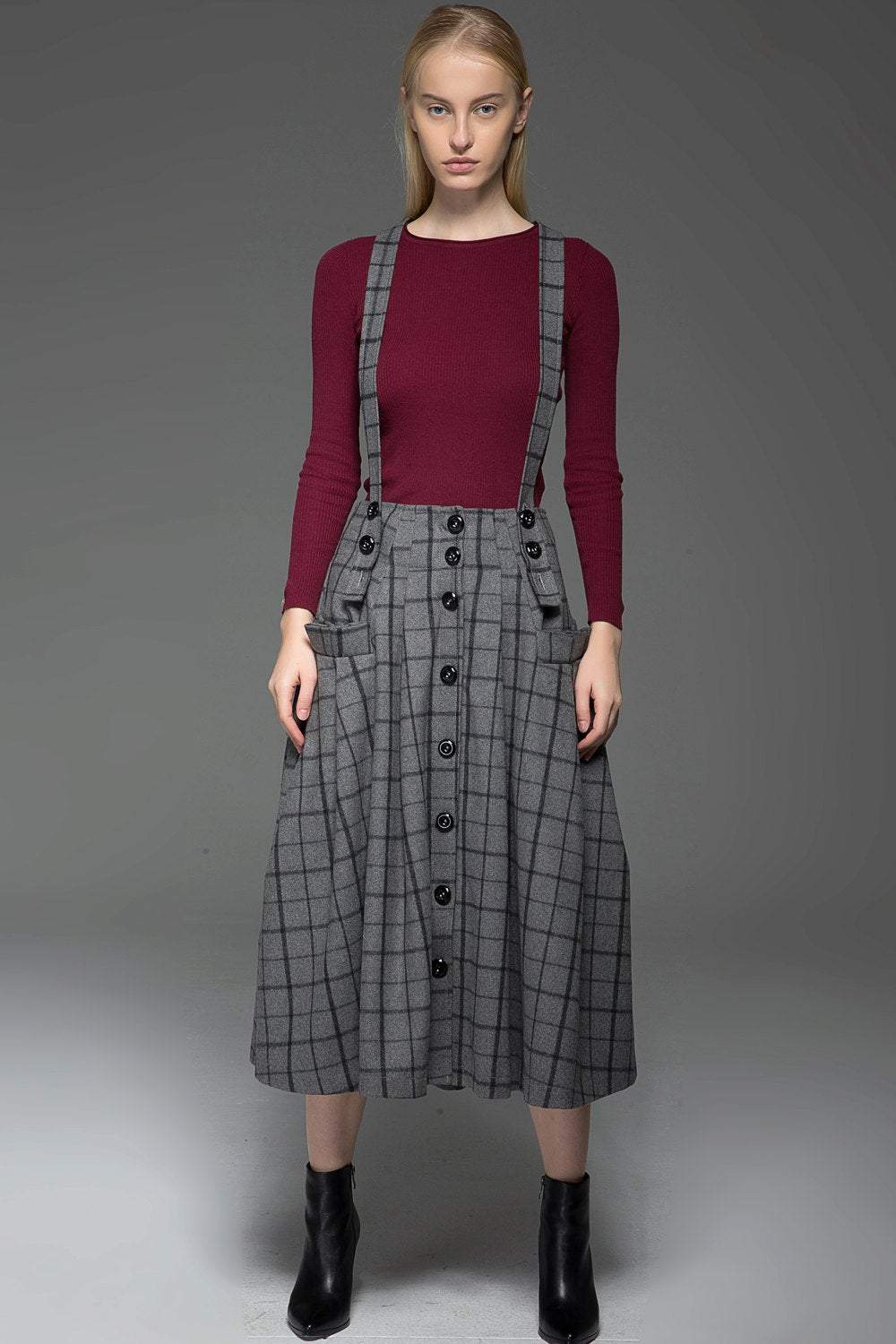 plaid skirt, Suspender skirt, wool plaid skirt, long skirt, buttons skirt, country style skirt, grey skirt, gray skirt, womens skirts C767