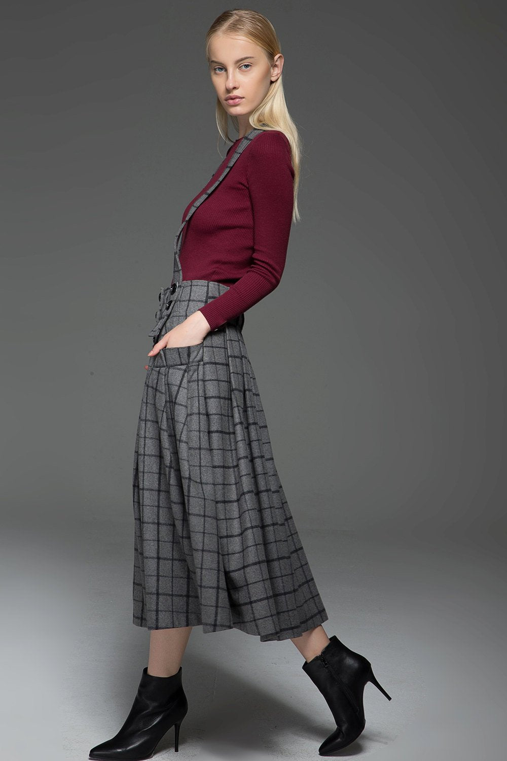 plaid skirt, Suspender skirt, wool plaid skirt, long skirt, buttons skirt, country style skirt, grey skirt, gray skirt, womens skirts C767