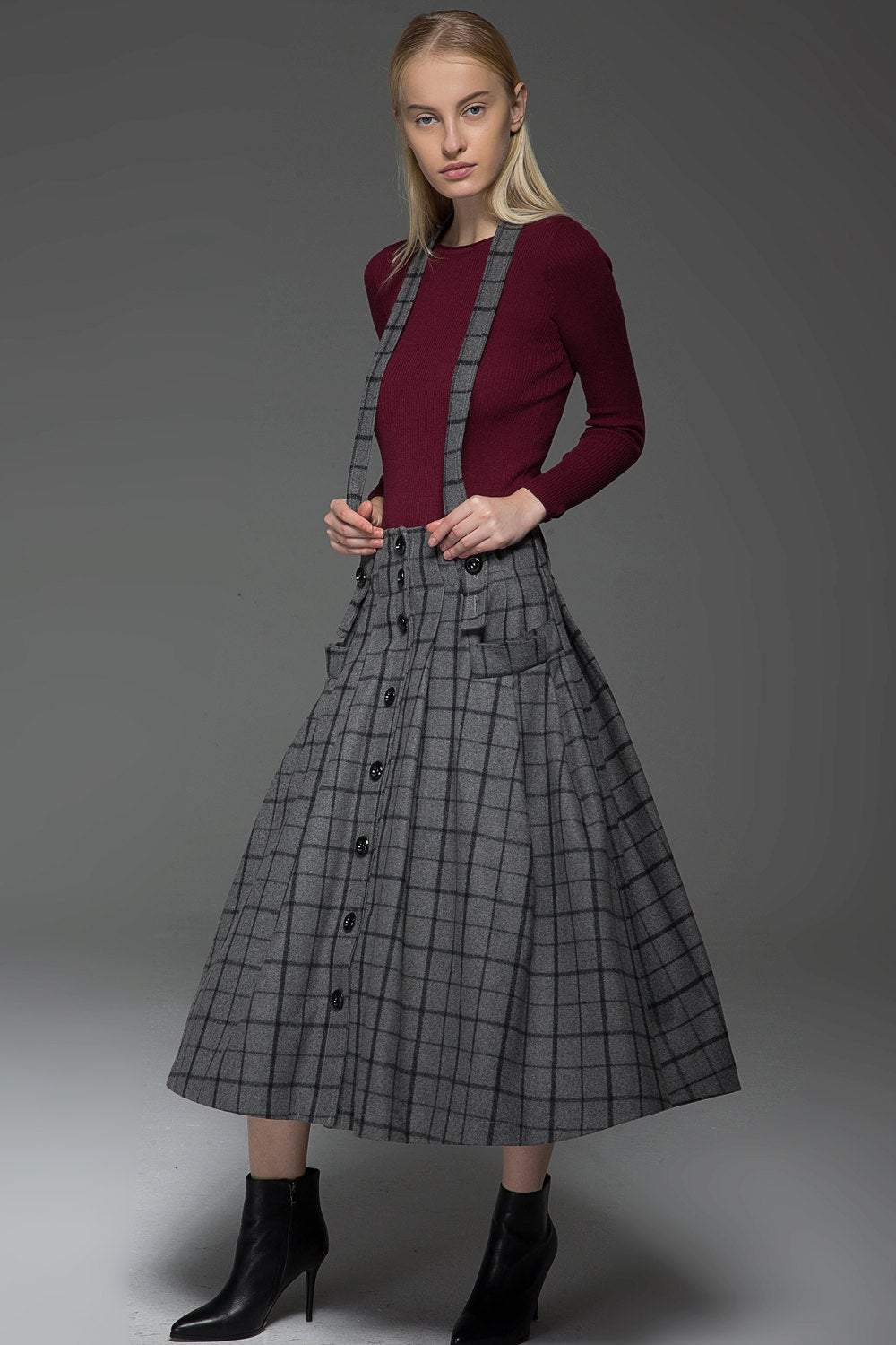 plaid skirt, Suspender skirt, wool plaid skirt, long skirt, buttons skirt, country style skirt, grey skirt, gray skirt, womens skirts C767
