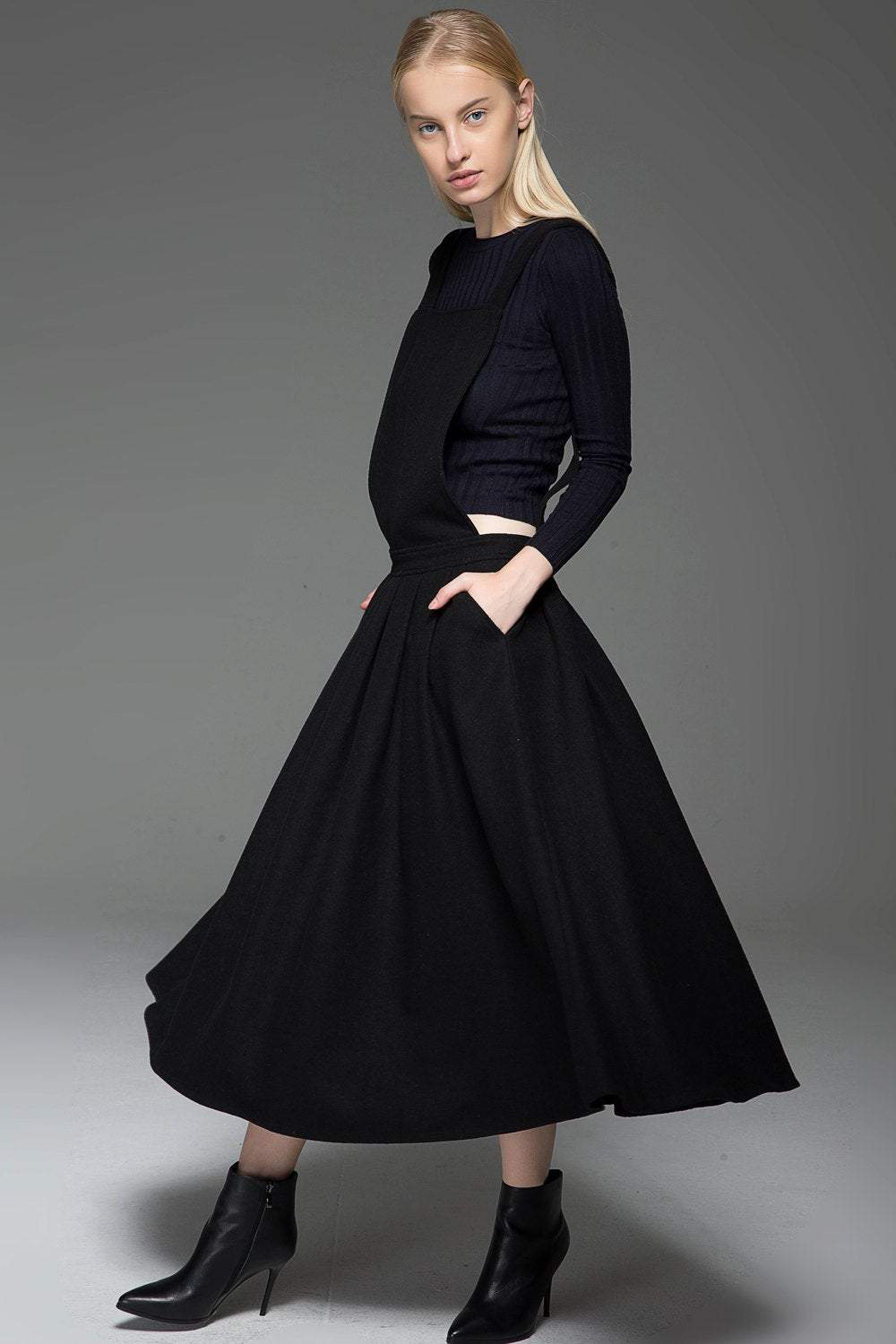 Black Dress, wool dress, Pinafore Wool Modern loose casual Midi Length Flared Skirt & Braces Straps Dress 2016 Fashion Season C777