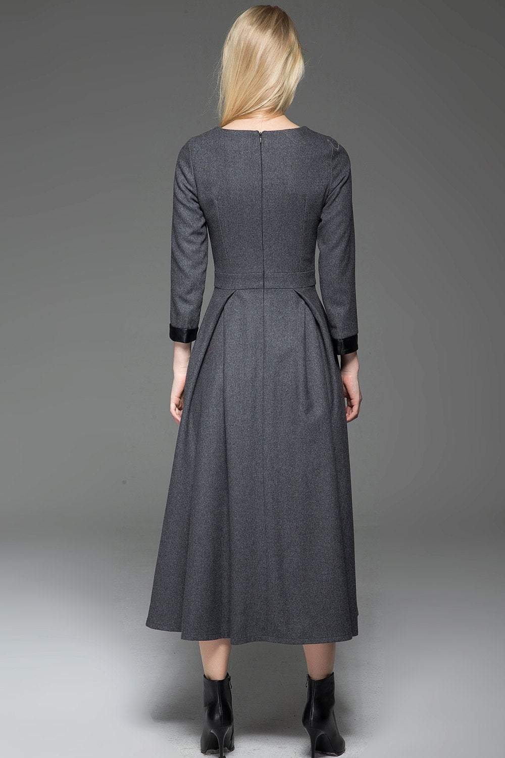 Gray Wool Dress, Classic Long Fitted Tailored Warm Winter Dress with Long Sleeves Round Neck & Black Leather Cuffs C780