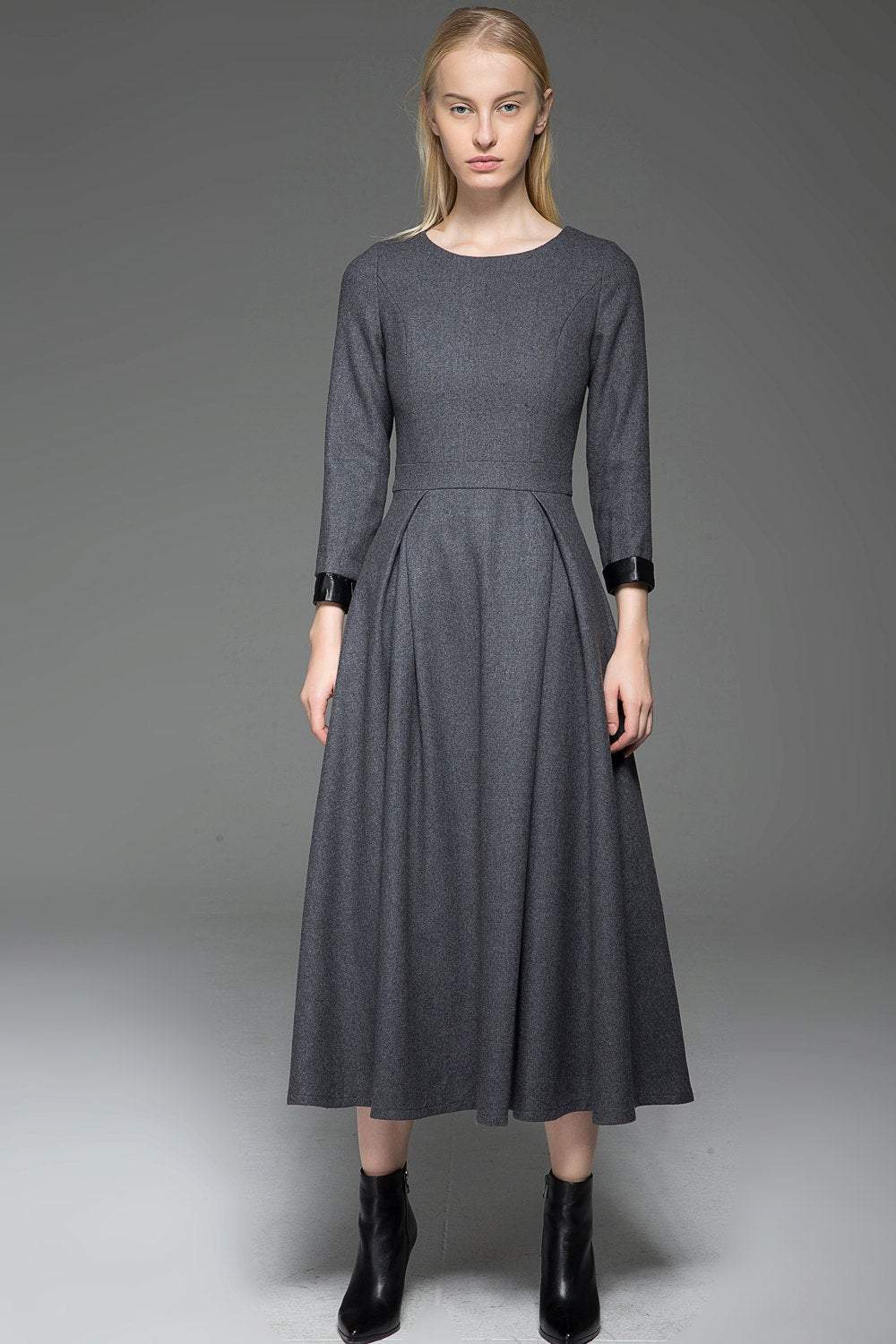 Gray Wool Dress, Classic Long Fitted Tailored Warm Winter Dress with Long Sleeves Round Neck & Black Leather Cuffs C780