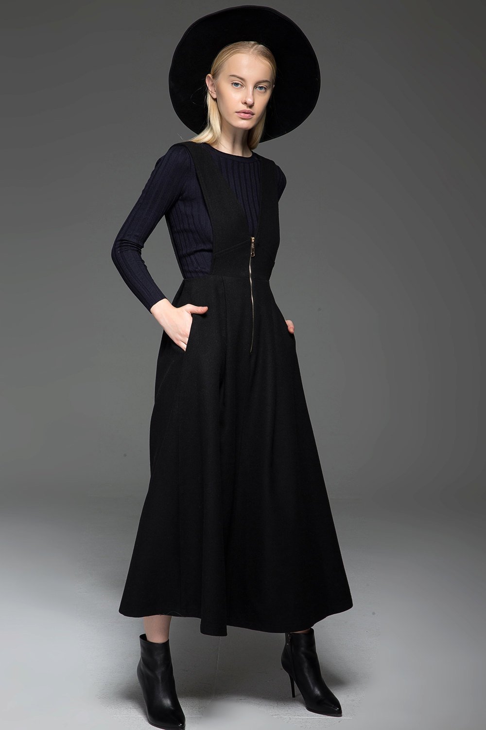 Black wool dress, Black pinafore dress, midi dress pockets, winter dress, womens long dress, zipper dress, pleated dress , custom dress C776