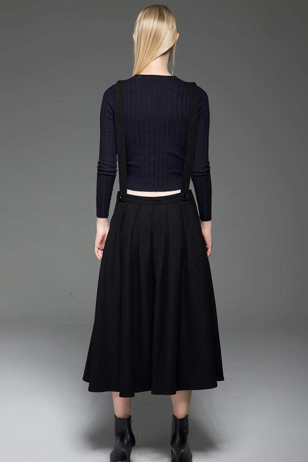 Black Dress, wool dress, Pinafore Wool Modern loose casual Midi Length Flared Skirt & Braces Straps Dress 2016 Fashion Season C777