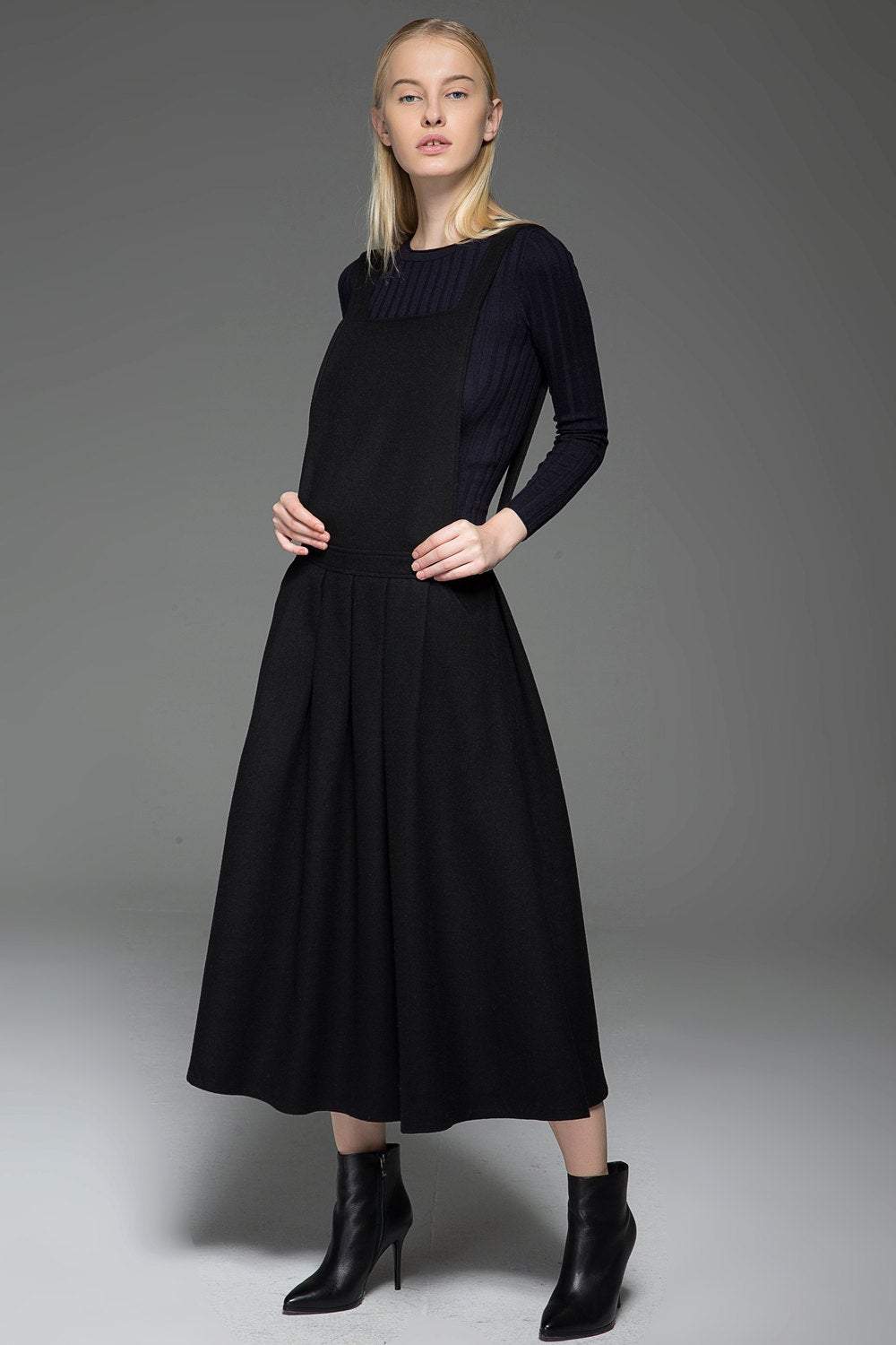 Black Dress, wool dress, Pinafore Wool Modern loose casual Midi Length Flared Skirt & Braces Straps Dress 2016 Fashion Season C777