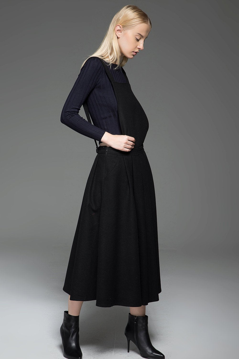 Black Dress, wool dress, Pinafore Wool Modern loose casual Midi Length Flared Skirt & Braces Straps Dress 2016 Fashion Season C777