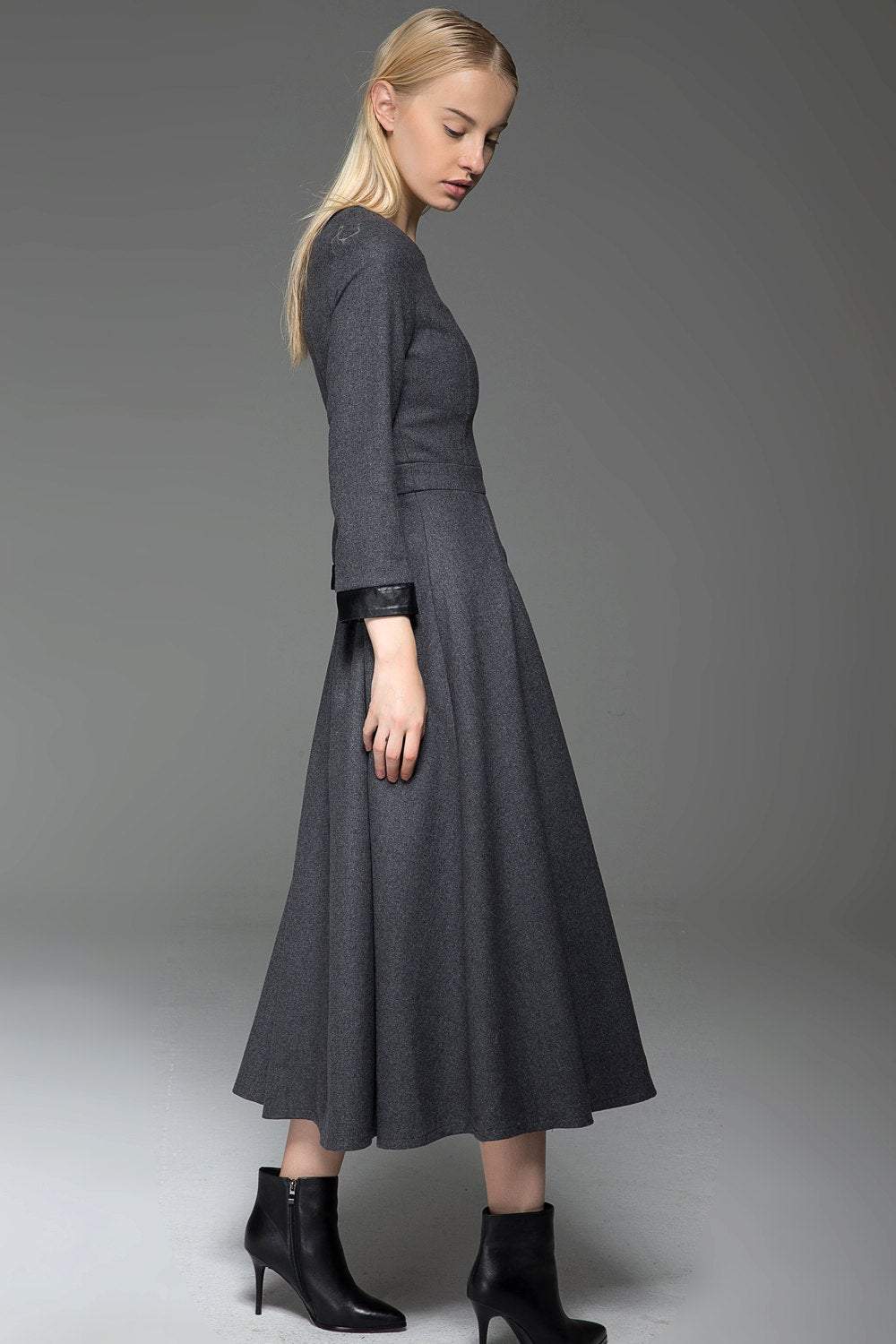 Gray Wool Dress, Classic Long Fitted Tailored Warm Winter Dress with Long Sleeves Round Neck & Black Leather Cuffs C780