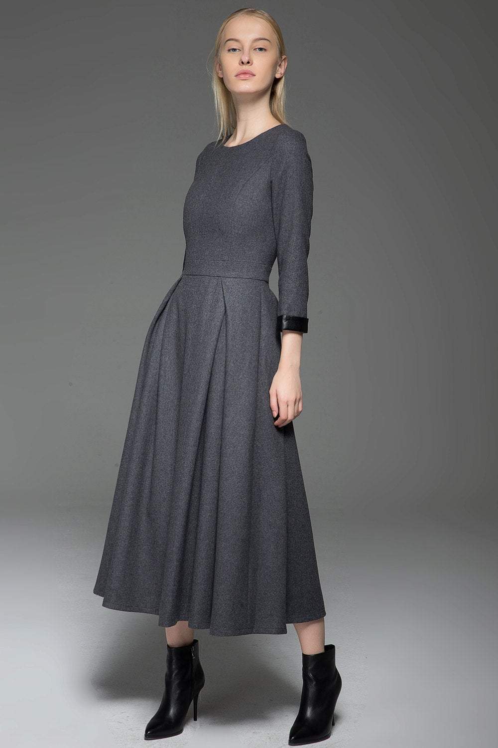 Gray Wool Dress, Classic Long Fitted Tailored Warm Winter Dress with Long Sleeves Round Neck & Black Leather Cuffs C780