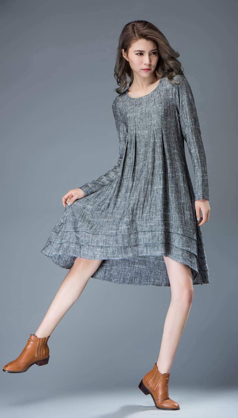 Marl Gray Lagenlook Dress - Linen Loose-Fitting Long-Sleeved Round Nec Marl Gray Lagenlook Dress - Linen Loose-Fitting Long-Sleeved Round Nec