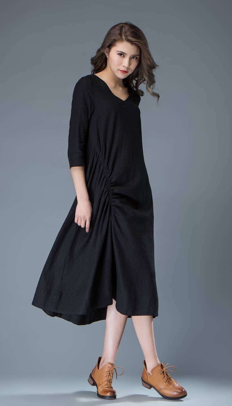 Black Linen Dress - Casual Everyday Comfortable Loose-Fitting Contemporary Mid-Length Woman's Handmade Dress C838