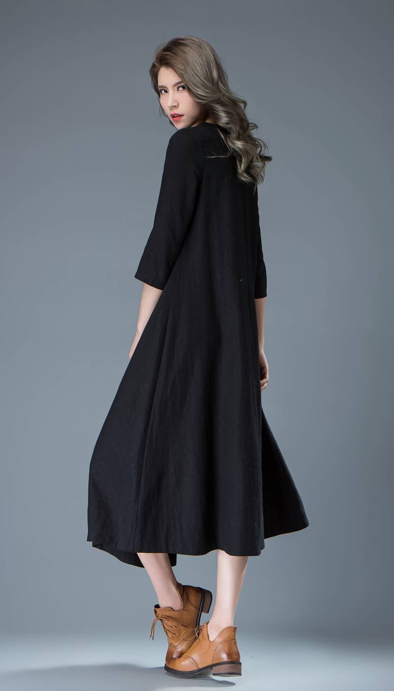 Black Linen Dress - Casual Everyday Comfortable Loose-Fitting Contemporary Mid-Length Woman's Handmade Dress C838
