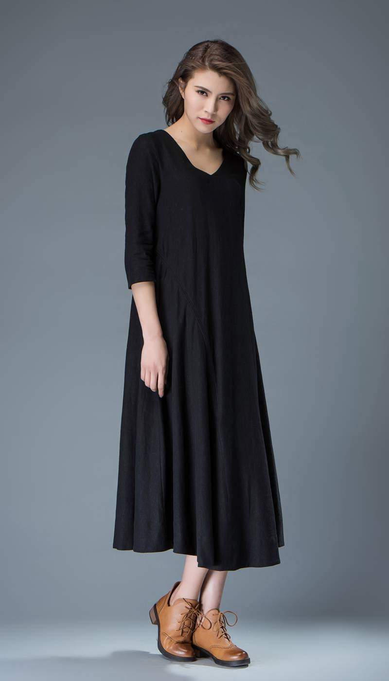 Black Linen Dress - Casual Everyday Comfortable Loose-Fitting Contemporary Mid-Length Woman's Handmade Dress C838