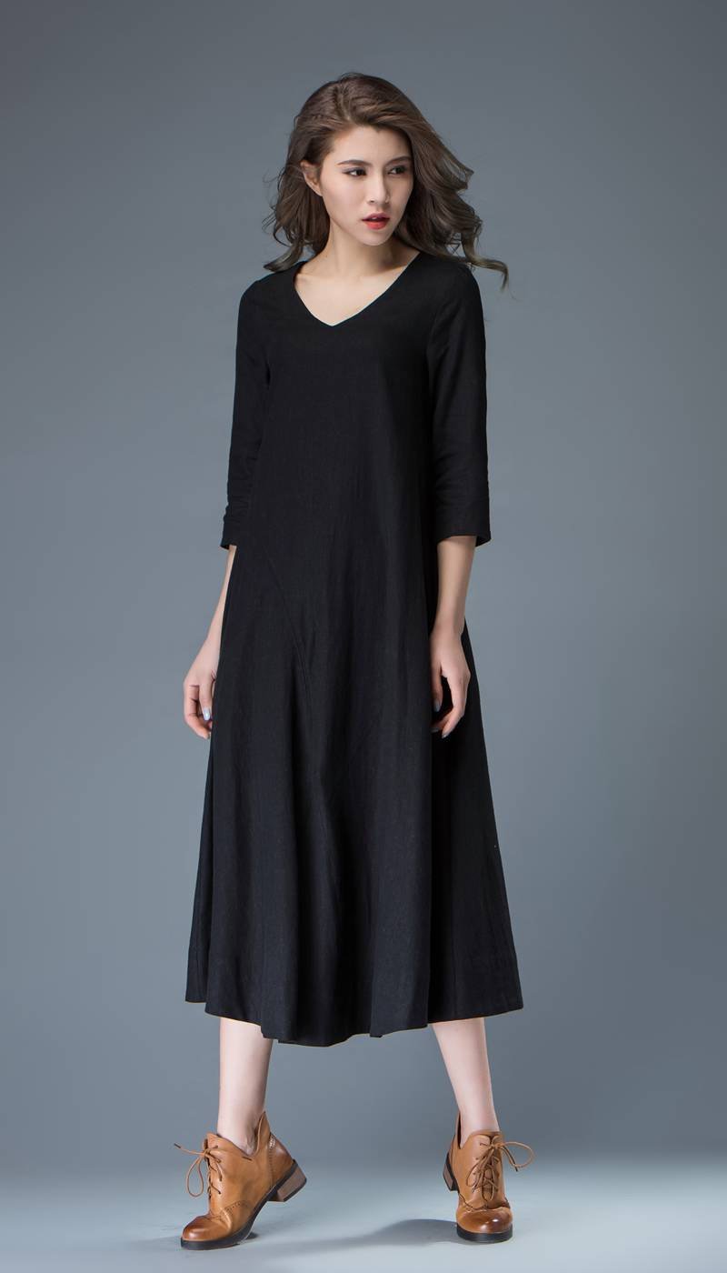 Black Linen Dress - Casual Everyday Comfortable Loose-Fitting Contemporary Mid-Length Woman's Handmade Dress C838