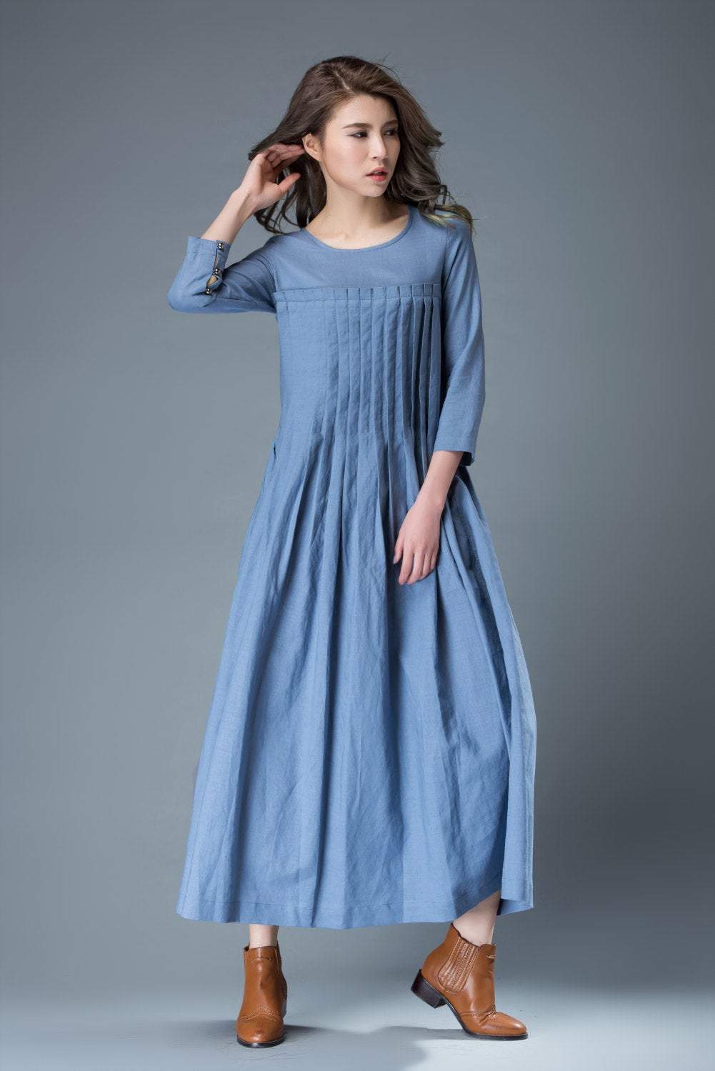 Linen dress for women, Maxi dress pockets, linen dress, long linen dress, womens dresses, loose linen dress, pleated dress, blue dress C811