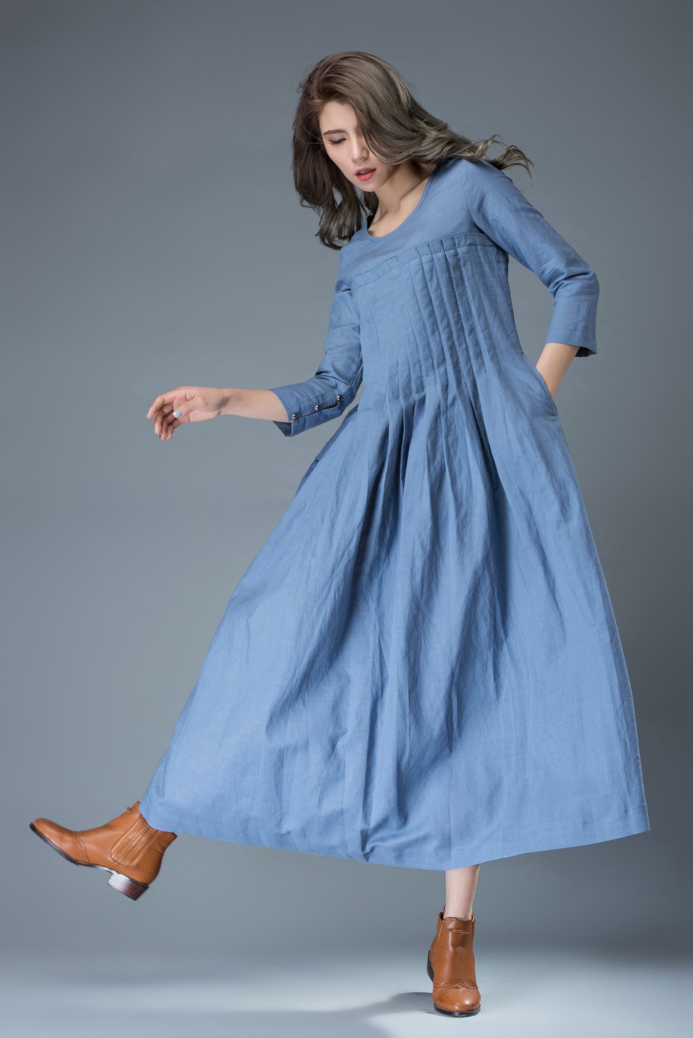 Linen dress for women, Maxi dress pockets, linen dress, long linen dress, womens dresses, loose linen dress, pleated dress, blue dress C811
