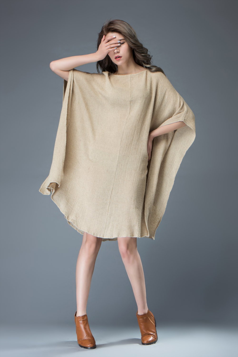 Linen tunic top, beige dress, beach cover up, batwing sleeves dress, knee length dress, maxi linen dress, plus size dress, loose dress C817