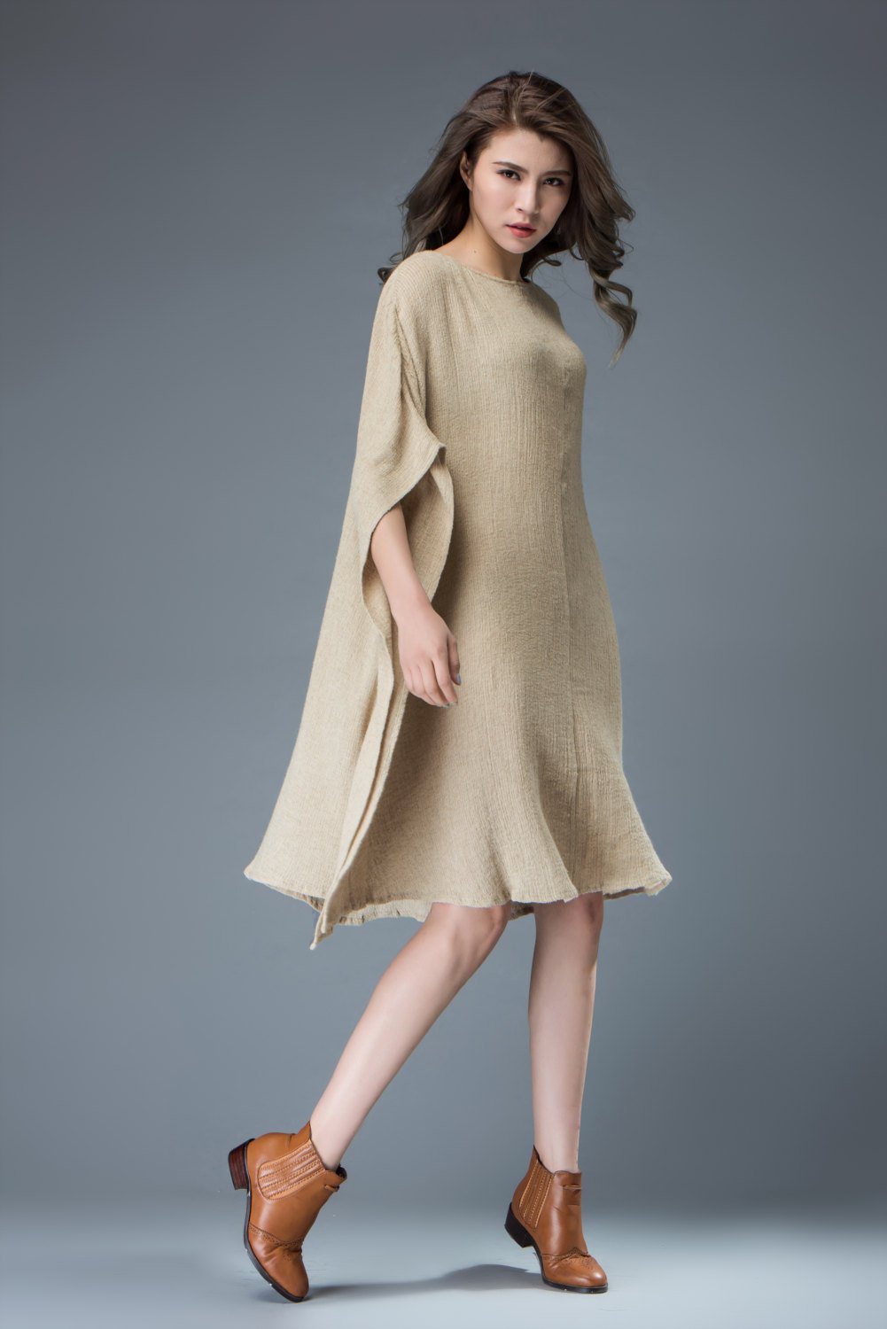 Linen tunic top, beige dress, beach cover up, batwing sleeves dress, knee length dress, maxi linen dress, plus size dress, loose dress C817