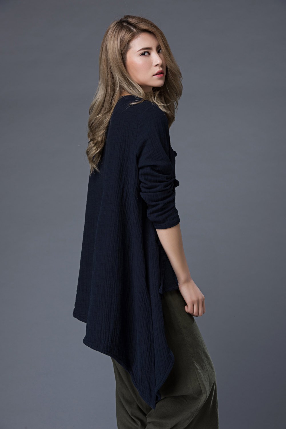 long sleeves top, casual top, summer top, loose blouse, linen top, blue top, asymmetrical shirt, loose blouse, classic shirt C857