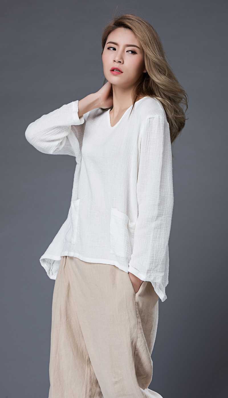 Linen top, womens linen top, white linen top, oversized linen top, linen blouse with long sleeves, v neck tops, irregular blouses C866