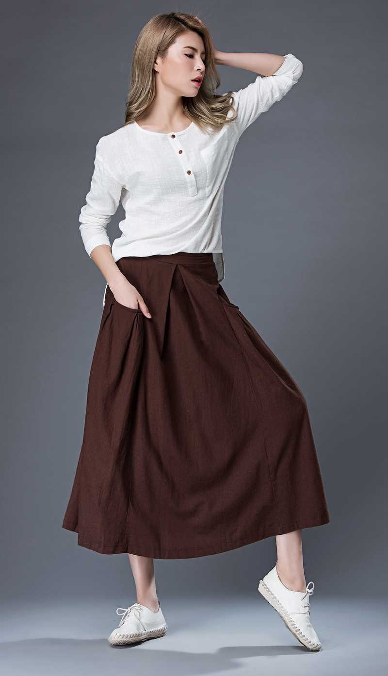 Tea length skirt, Linen Skirt, brown linen skirt, midi skirt, womens skirts, linen skirt pockets, summer skirt, made to order C872