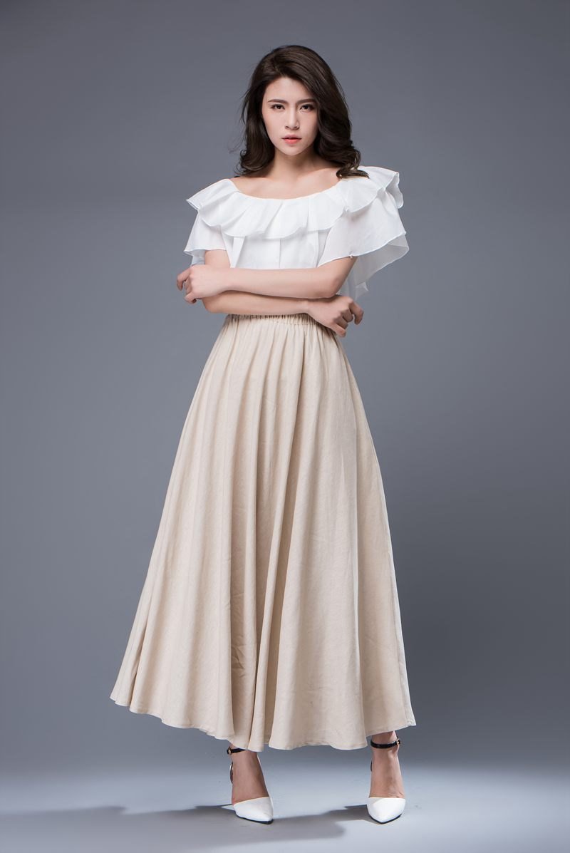 Beige maxi linen skirt, long linen skirt, womens linen skirt, ankle length skirt, maxi skirt, skirt with pockets, summer long skirt (C893)